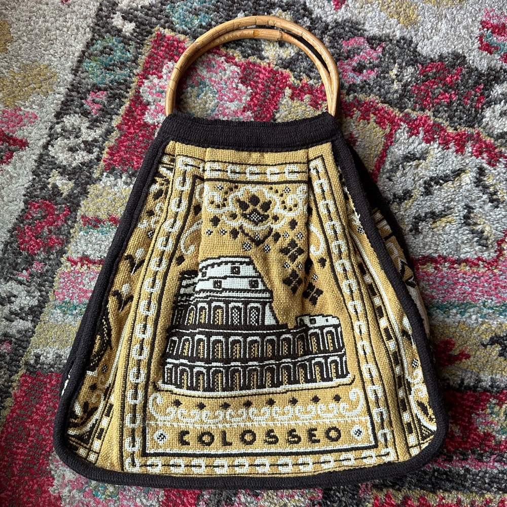 VTG 60s Colosseo Roma Italy Souvenir Tapestry Bag Tote